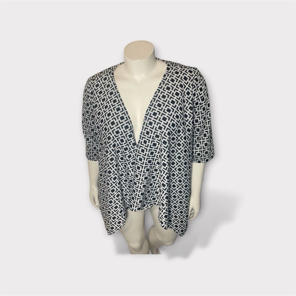 Ashley Stewart Womenβs Cardigan 22/24 Black White Geometric Open Front Waterfall